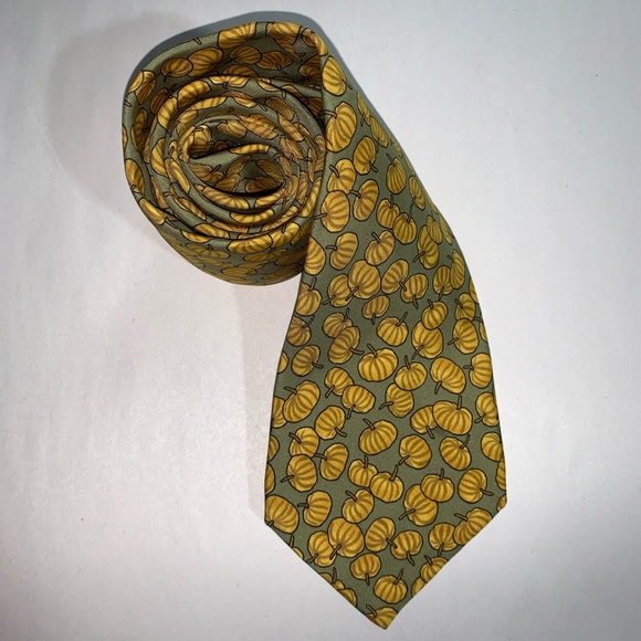 auth HERMÈS #7451green silk twill tie pumpkins